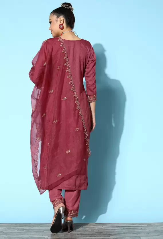 Women Kurta Pant And Dupatta Set Silk Blend