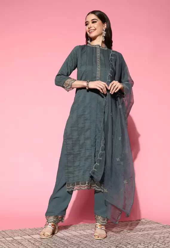 Women Kurta Pant And Dupatta Set Silk Blend