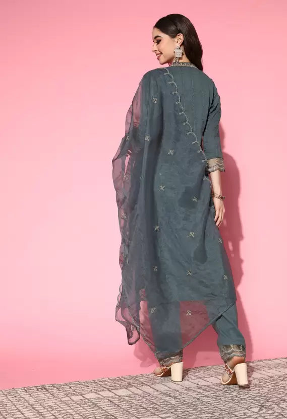 Women Kurta Pant And Dupatta Set Silk Blend