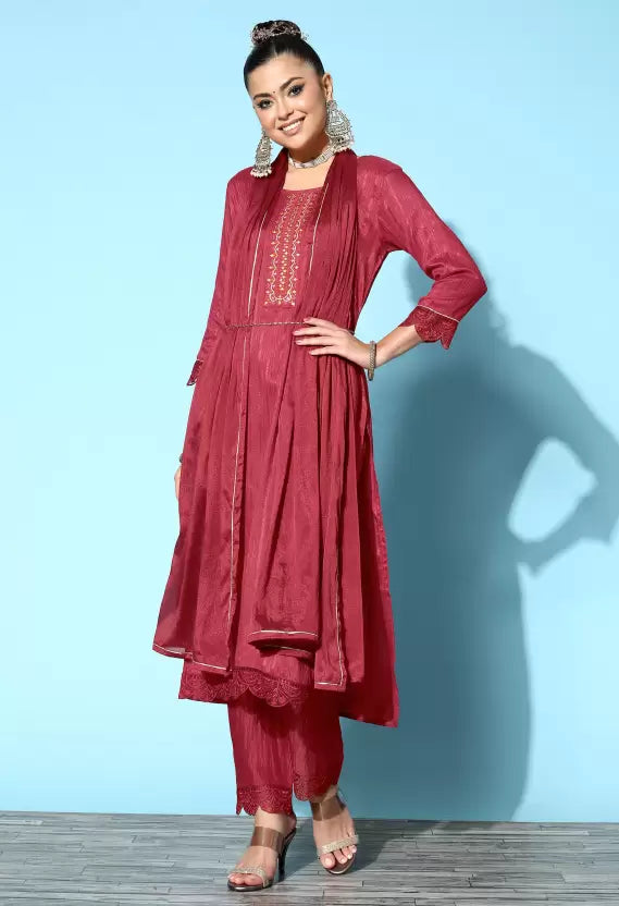 Women Kurta Pant And Dupatta Set Silk Blend