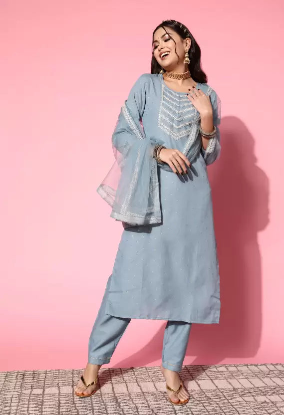 Women Kurta Pant And Dupatta Set Silk Blend