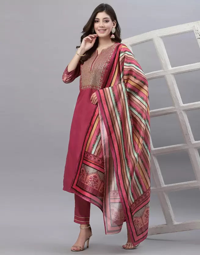 Women Kurta Pant And Dupatta Set Silk Blend