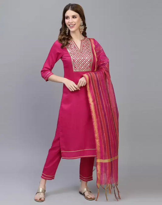 Women Kurta Pant And Dupatta Set Silk Blend