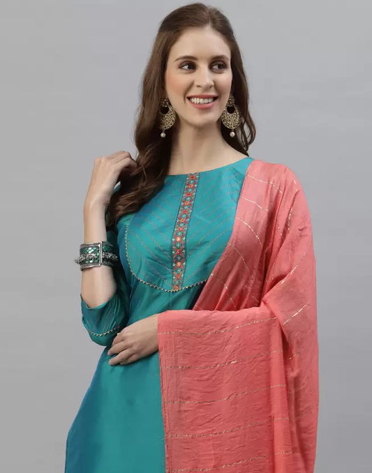 Women Kurta Pant And Dupatta Set Silk Blend