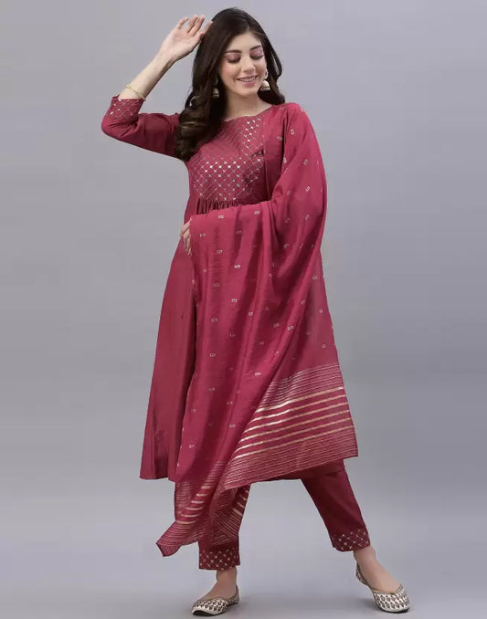Women Kurta Pant And Dupatta Set Silk Blend