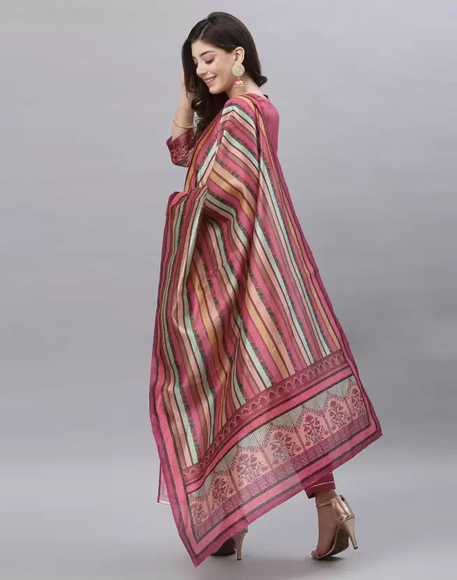 Women Kurta Pant And Dupatta Set Silk Blend