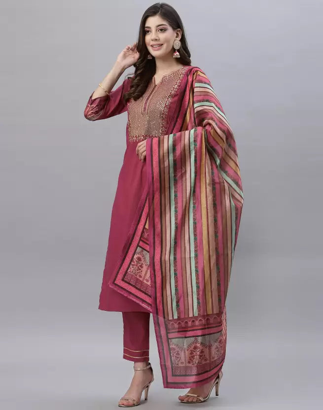 Women Kurta Pant And Dupatta Set Silk Blend