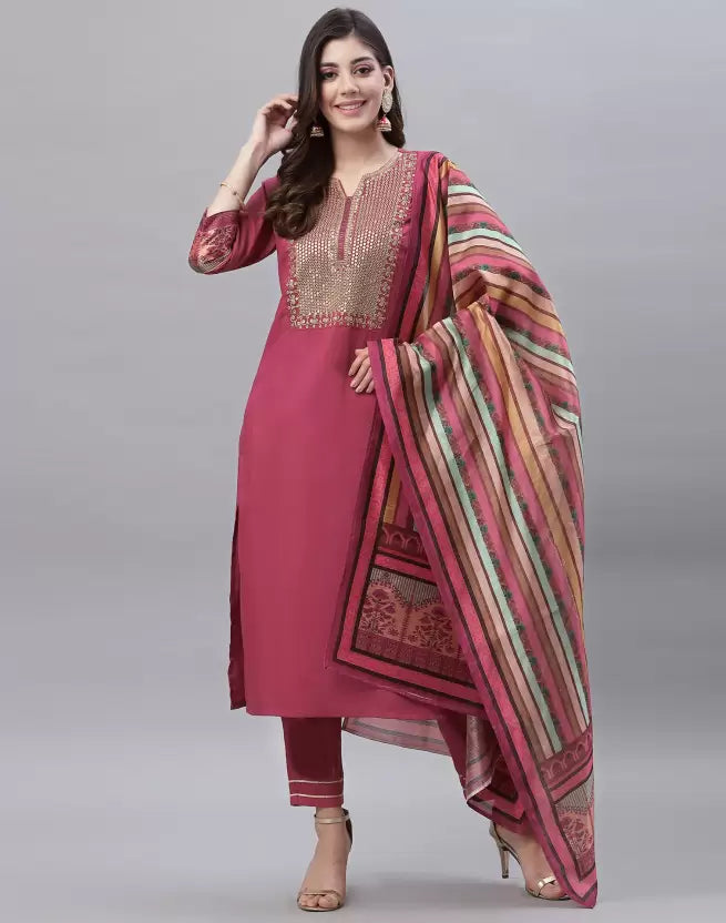 Women Kurta Pant And Dupatta Set Silk Blend