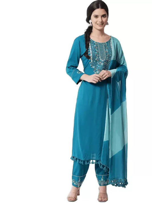 Women Viscose Rayon Kurta Pant And Dupatta Set