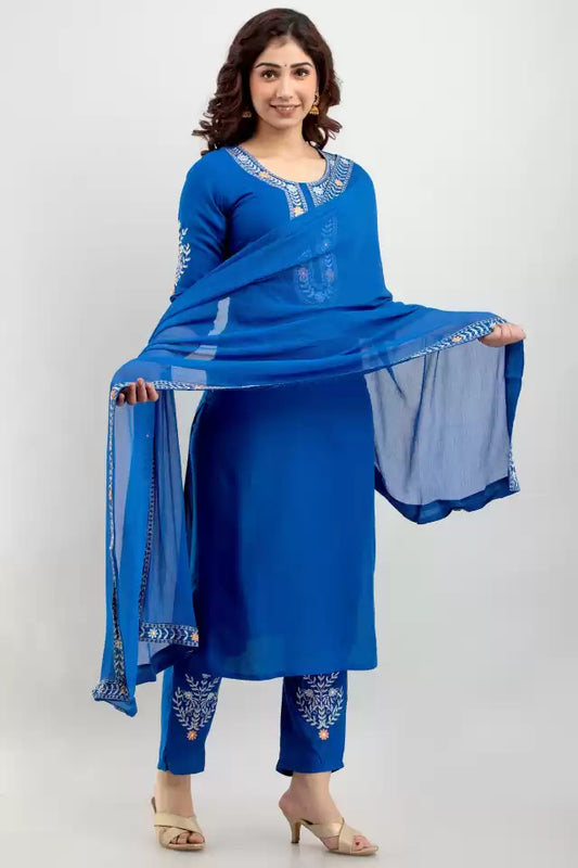 Women Viscose Rayon Kurta Pant And Dupatta Set