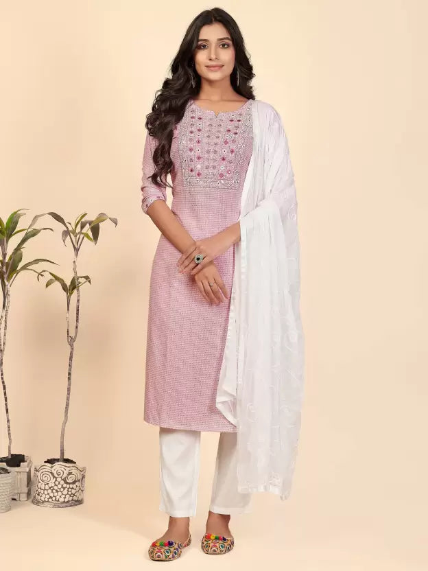 Women Kurta Pyjama & Dupatta Set Cotton Blend