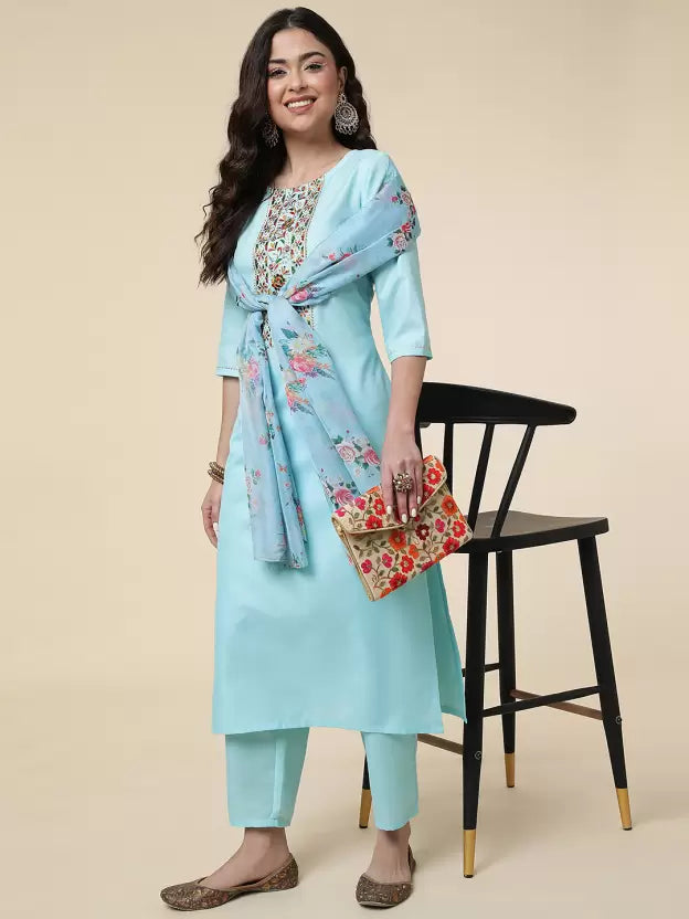 Women Kurta Pyjama & Dupatta Set Cotton Blend