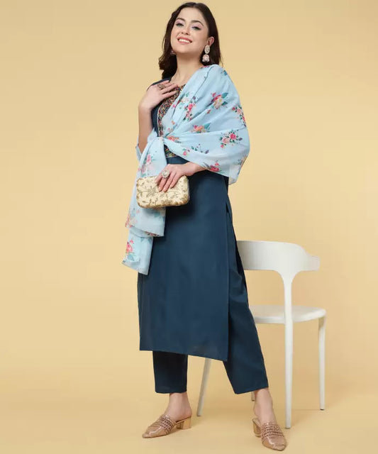 Women Kurta Pyjama & Dupatta Set Cotton Blend