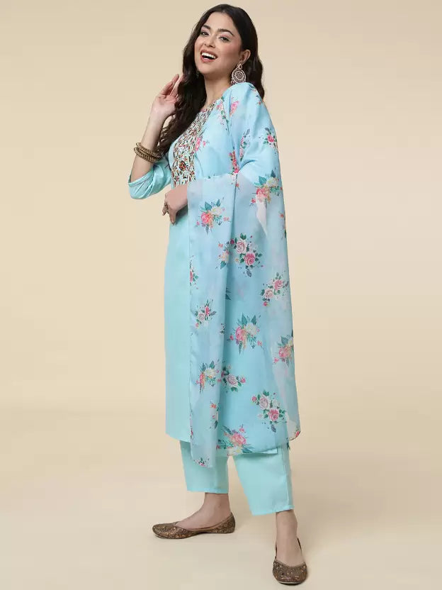 Women Kurta Pyjama & Dupatta Set Cotton Blend