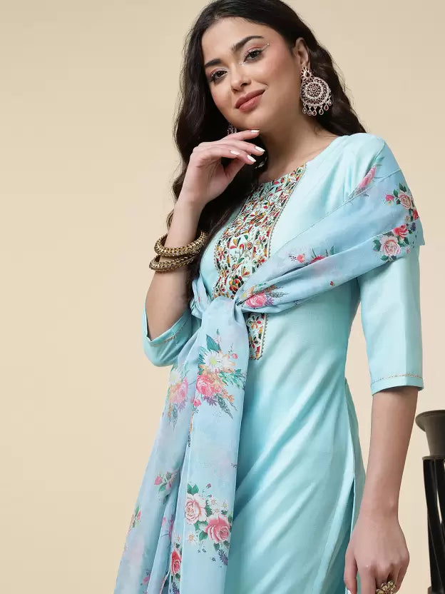 Women Kurta Pyjama & Dupatta Set Cotton Blend