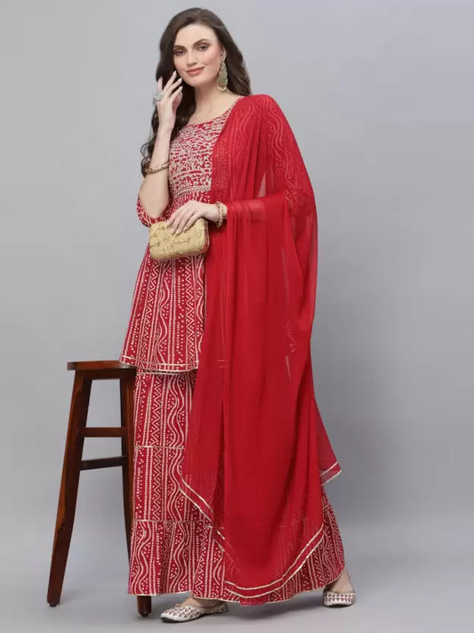 Women Viscose Rayon Kurta Sharara and Dupatta Set