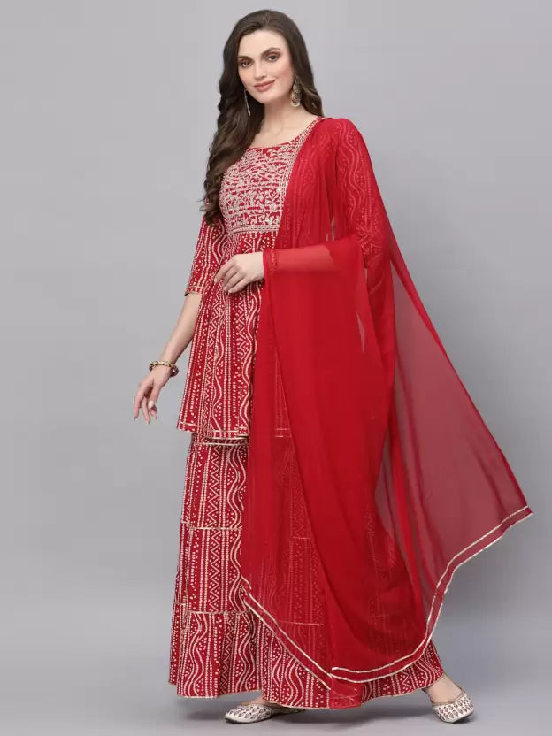 Women Viscose Rayon Kurta Sharara and Dupatta Set