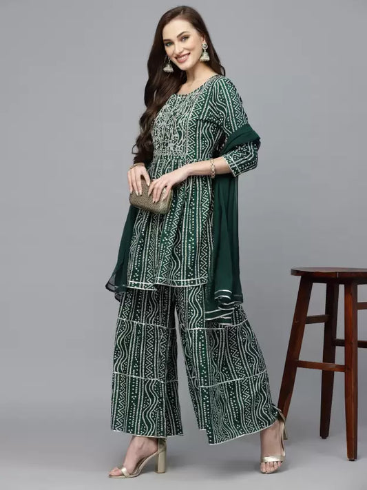 Women Viscose Rayon Kurta Sharara and Dupatta Set