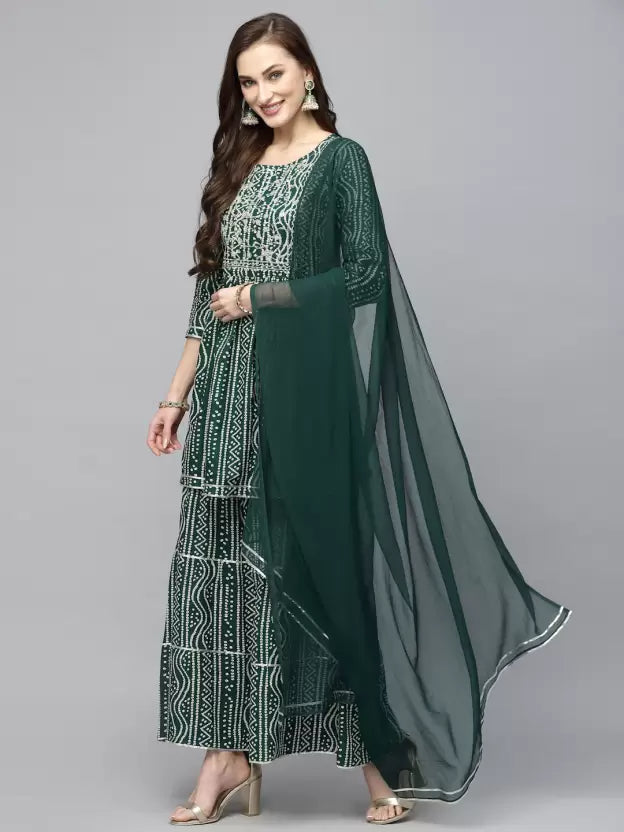 Women Viscose Rayon Kurta Sharara and Dupatta Set