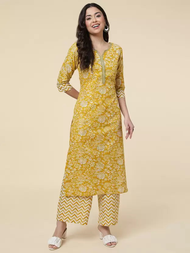 Women Kurta and Palazzo Set Cotton Blend