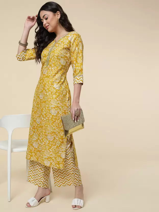 Women Kurta and Palazzo Set Cotton Blend