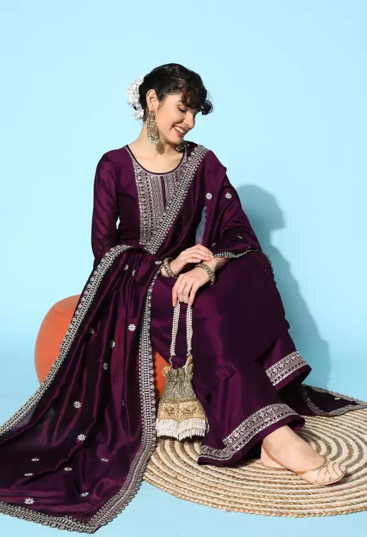 Women Kurta and Palazzo Set Silk Blend