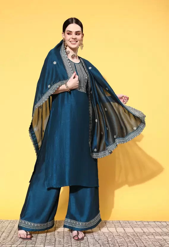 Women Teal Kurta and Palazzo Set Silk Blend