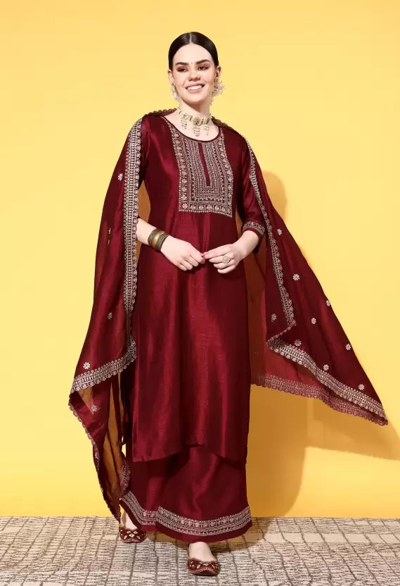 Women Kurta and Palazzo Set Silk Blend