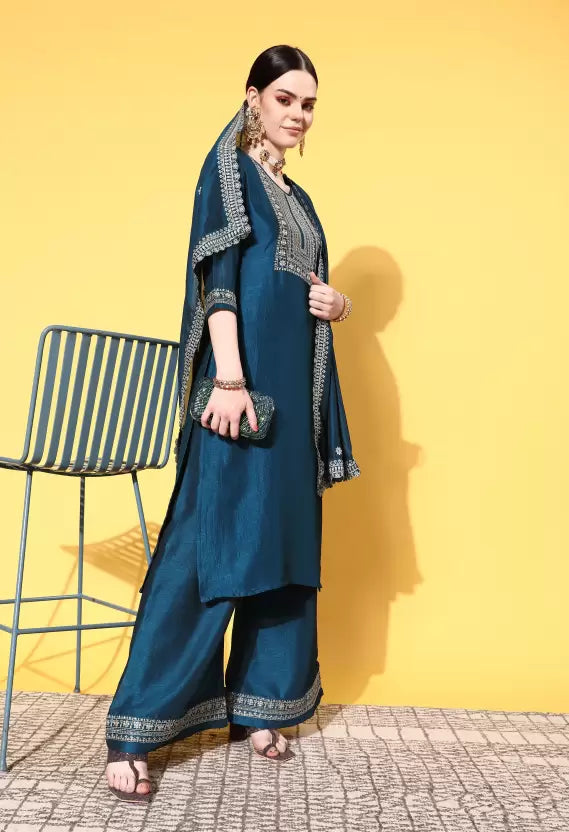 Women Teal Kurta and Palazzo Set Silk Blend