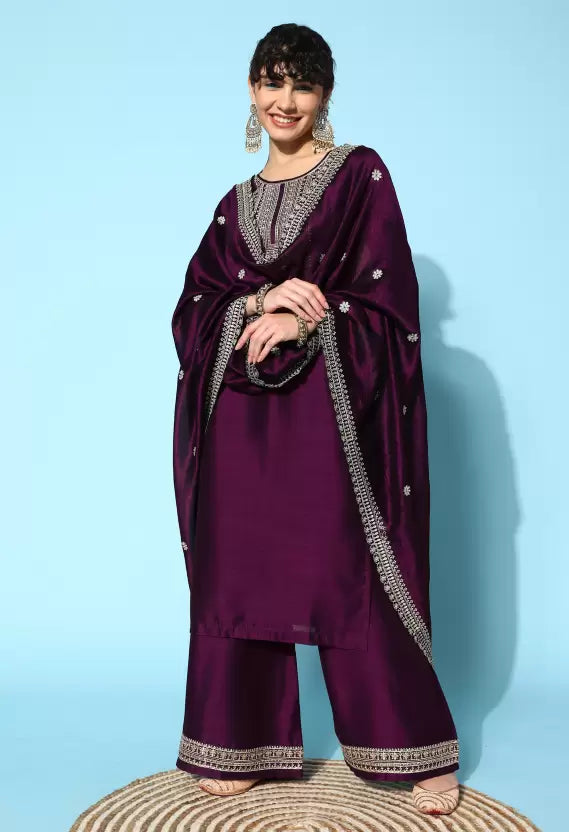 Women Kurta and Palazzo Set Silk Blend