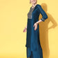 Women Teal Kurta and Palazzo Set Silk Blend
