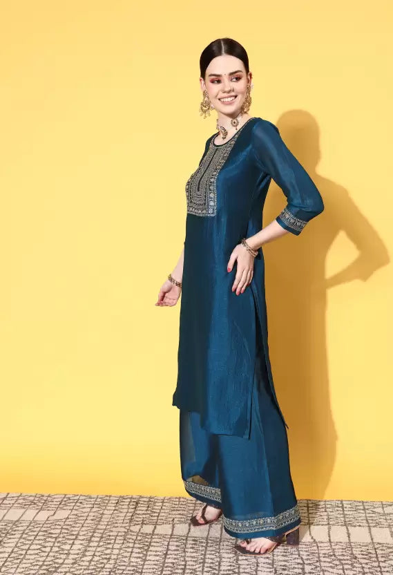 Women Teal Kurta and Palazzo Set Silk Blend