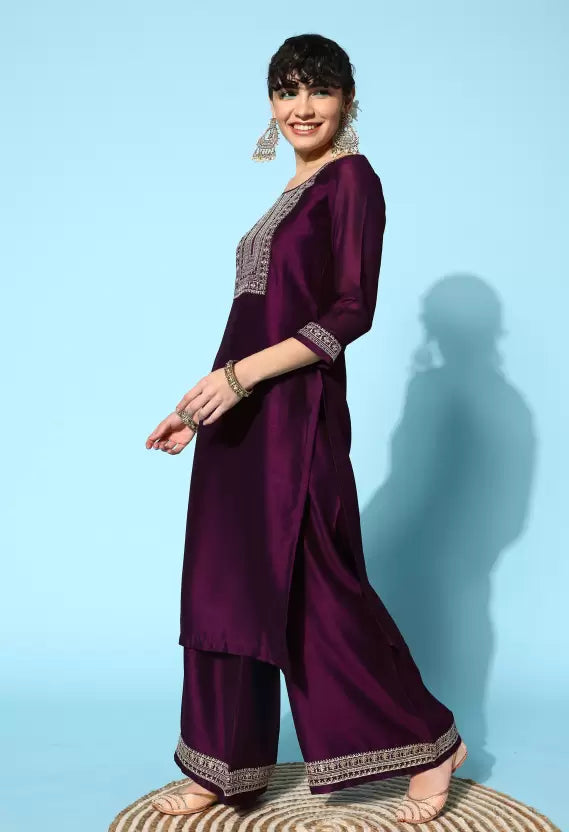 Women Kurta and Palazzo Set Silk Blend