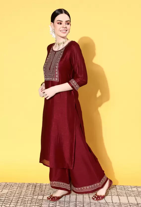 Women Kurta and Palazzo Set Silk Blend