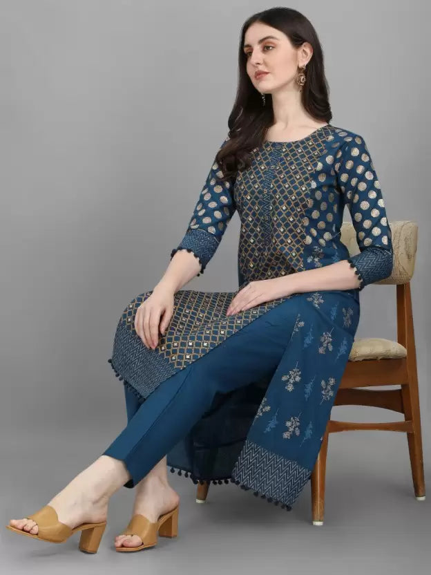Women Kurta and Trousers Set Cotton Blend