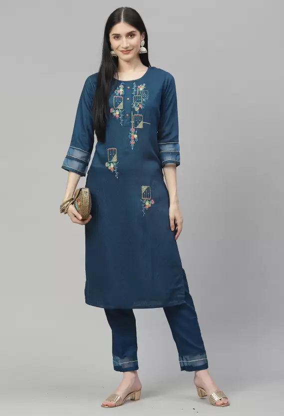 Women Kurta and Pant Set Cotton Blend