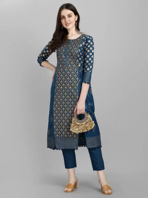 Women Kurta and Trousers Set Cotton Blend