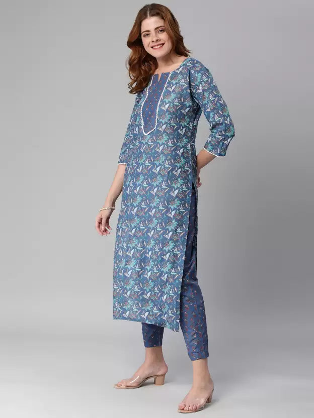 Women Kurta and Pant Set Cotton Blend