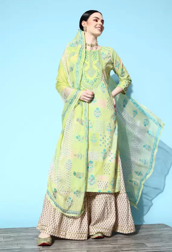 Women Kurta and Sharara Set Cotton Blend