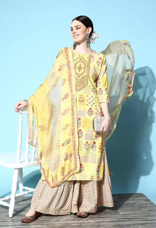 Women Kurta and Sharara Set Cotton Blend