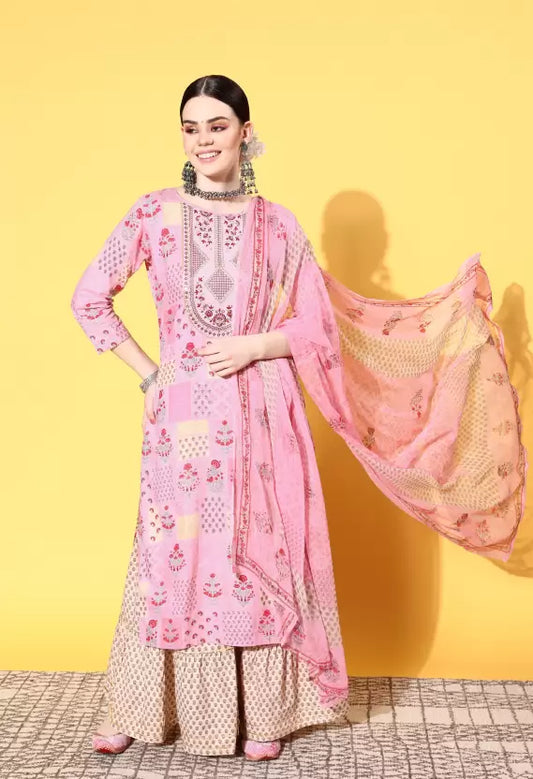 Women Kurta and Sharara Set Cotton Blend