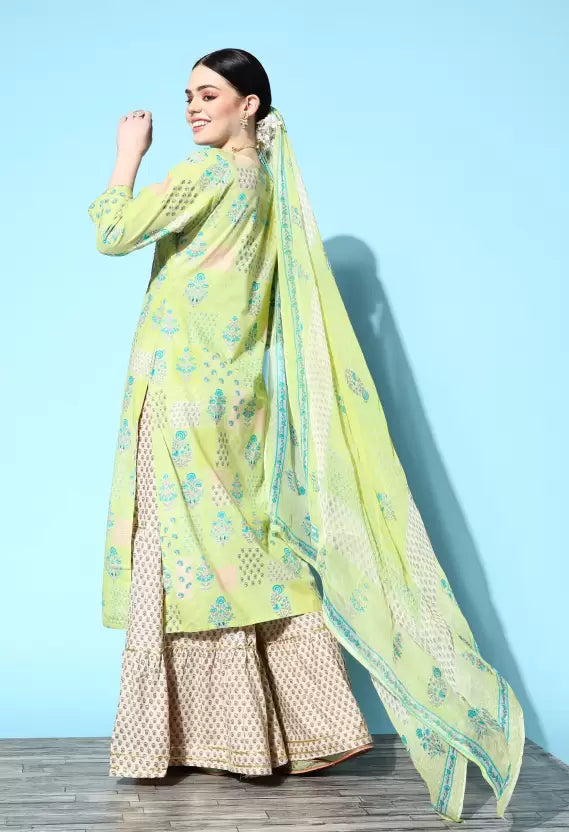 Women Kurta and Sharara Set Cotton Blend