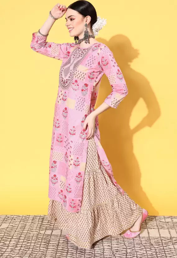 Women Kurta and Sharara Set Cotton Blend