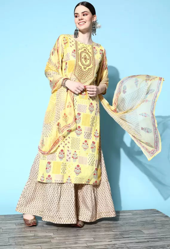 Women Kurta and Sharara Set Cotton Blend