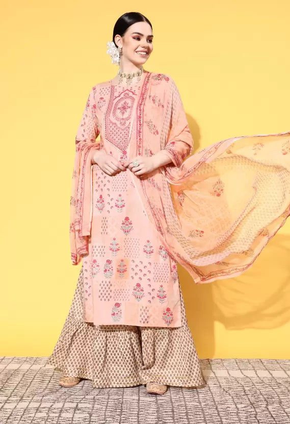 Women Kurta and Sharara Set Cotton Blend