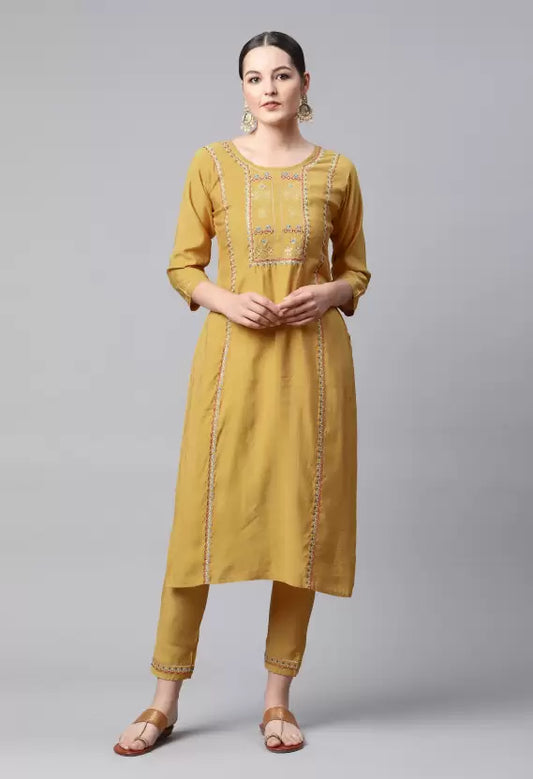 Women Kurta and Trousers Set Cotton Blend