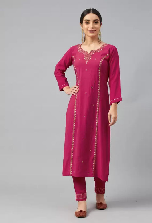 Women Kurta and Trousers Set Cotton Blend