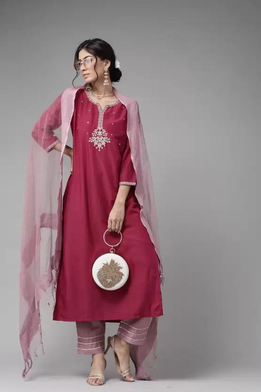 Women Kurta and Trousers Set Silk Blend