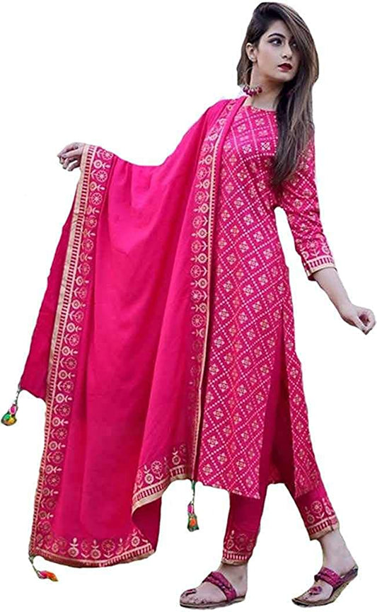 Women Pure Cotton Pink and Green Kurta Set
