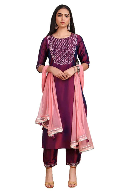 Women Purple Color Kurti Pant Set